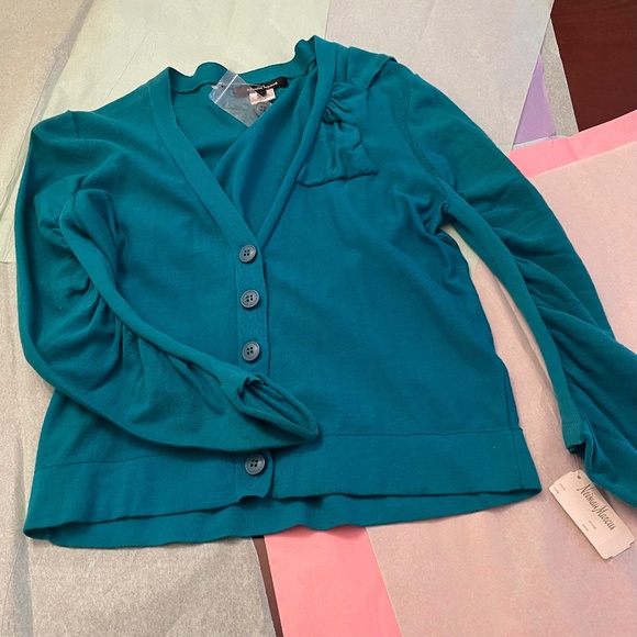 NWT! Neiman Marcus Tag! Nanette Lepore Teal Bow Cardigan SMALL - Picture 9 of 14